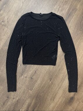 Black Long-Sleeve Rhinestone Sheer Crop Top - Unbranded